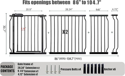 Heavy Duty Baby & Dog Safety Gate 86-104.7 Inch, Black Metal, Pressure Mounted No Drilling Pet Gate for Large Openings