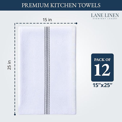 LANE LINEN Kitchen Hand Towels, 12 Pack Dish Towels for Kitchen Drying, 100% Cotton Super Absorbent Tea Towel, Quick Dry, 14"x25", Useful for Cleaning Countertops, Durable for Daily Use - Grey Stripe