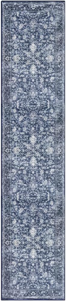 KILOCOCO Runner for Hallway 2.6x16 Runner Rug Printed Vintage Floral Washable Rug Kitchen Runners Soft Non-Slip Low Pile Hallway Runners Laundry Room Distressed Boho Rugs, Blue