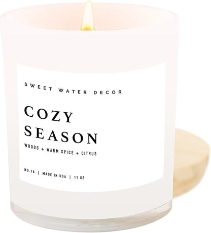 Sweet Water Decor Cozy Season Soy Candles - Fall Candles with Woods, Warm Spice, and Citrus Scent for Home Decor - Soy Candle with 50 Hours Burn Time - 11Oz Wood Lid White Jar Candles Fall Scents