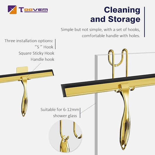 TOOVEM 12 Inch Shower Squeegee for Glass Doors, Window, Bathroom, Car Windshield, Shower Cleaning Tools with S Hook, Square Sticky Hook（Gold）