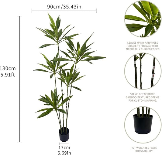 Artificial Cordyline Plant, 6 Ft Tall Green Leaves, 5 Stems with Pot, Indoor Decorative Tree(Green)