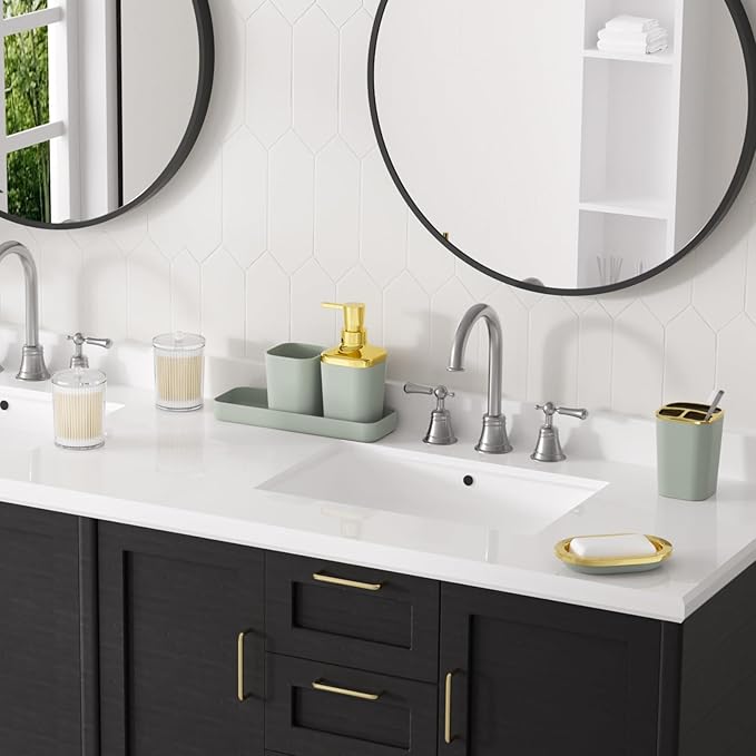 Sage Green Bathroom Set - 24PC Bathroom Sets with Shower Curtain and Rugs, Sage Green Bathroom Accessories Set with Press-on Lid Bathroom Trash Can, Soap Dispenser