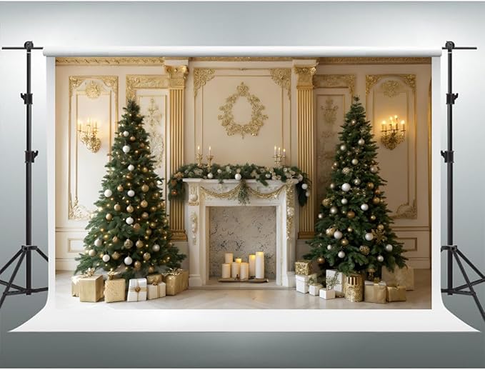 YongFoto Christmas Fireplace Backdrop 20x10ft Room Christmas Trees Classic Retro Wall Photography Background New Year Xmas Eve Family Winter Holiday Party Banner Photoshoot Wallpaper Photo Booth