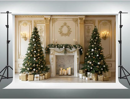 YongFoto Christmas Fireplace Backdrop 5x3ft Room Christmas Trees Classic Retro Wall Photography Background New Year Xmas Eve Family Winter Holiday Party Banner Photoshoot Wallpaper Photo Booth