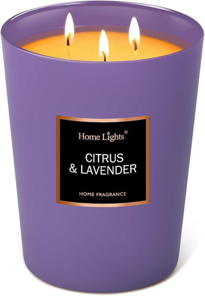 HomeLights Scented Candles - Large Jar Aromatherapy, Natural Soy Wax, 130 Hour Long Burning, Citrus & Lavender
