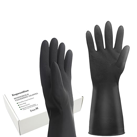 Thick Rubber Cleaning Gloves - 3 Pairs Black Rubber Gloves for Dishwashing Medium, Non-Slip Kitchen Gloves for Washing Dishes, Reusable Cleaning Gloves, Waterproof, Heavy-Duty (3P,M)