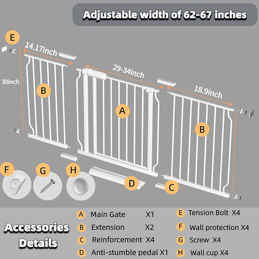 TSAYAWA Extra Wide Walk Through Baby Gate with Door, 62-67 Inch Wide Presure Mounted No Drill Metal Auto Close Child Gate for Stair Doorway - Indoor Outdoor Safty Gate for Toddler Dog Doggie, White