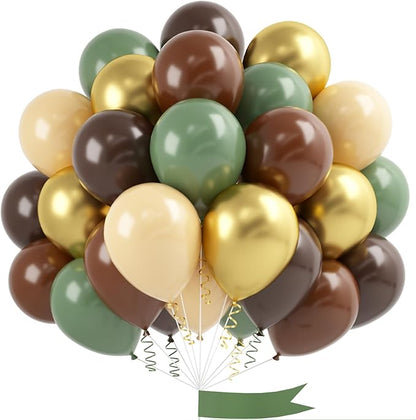 Green Gold Brown Balloon, 60 Pcs 12 Inches Olive Green Dark Brown Coffee Nude Gold Balloons for Jungle Safari Woodland Hunting Birthday Decorations
