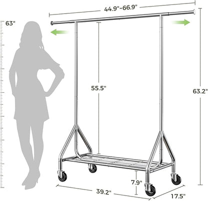 Clothes Rack Load 450 LBS, Heavy Duty Garment Rack, Standing Rolling Metal Hanging Clothes with Sturdy Wheels & Shelves, Silver