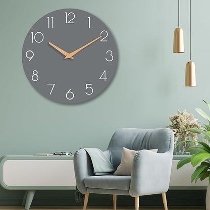 Wall Clock, 16 Inch Wooden Battery Operated Wall Clocks Silent Non-Ticking, Decorative Gray Clock for Living Room, Bedroom, Kitchen, Home, Office, School, Hotel