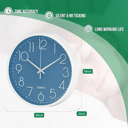 Wall Clock 10 Inch Non-Ticking Silent Modern Simple Style Round Decor Clock Cerulean Stereoscopic Dial Quartz Wall Clocks for Home/Office/School/Living Room/Bedroom/Kitchen
