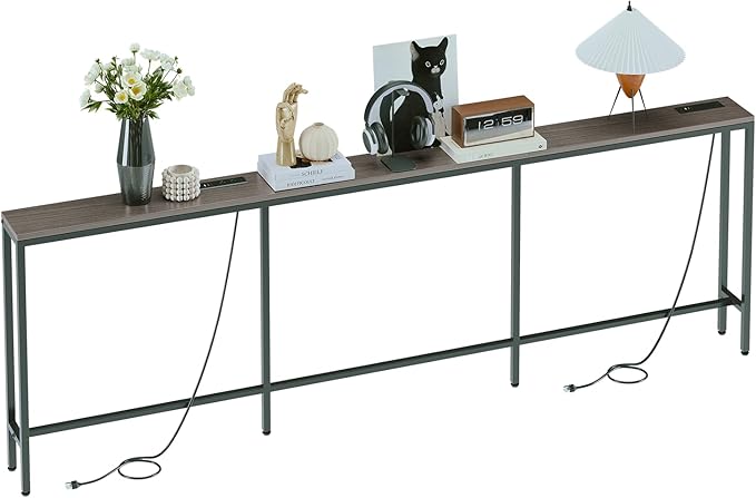 94.5" Behind Couch Table with 2 Fast Charging Stations, 7.1" Narrow Skinny Sofa Table with 4 Power Outlets, 4 USB-A, 2 USB-C for Console Entryway, Black Oak