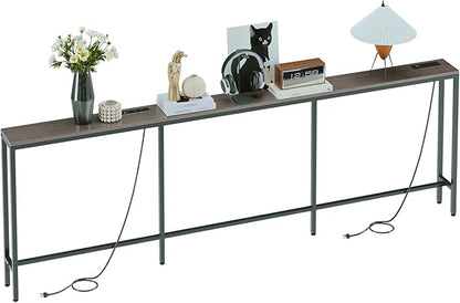 94.5" Behind Couch Table with 2 Fast Charging Stations, 7.1" Narrow Skinny Sofa Table with 4 Power Outlets, 4 USB-A, 2 USB-C for Console Entryway, Black Oak