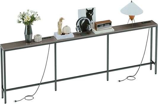 94.5" Behind Couch Table with 2 Fast Charging Stations, 7.1" Narrow Skinny Sofa Table with 4 Power Outlets, 4 USB-A, 2 USB-C for Console Entryway, Black Oak