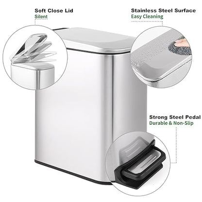 TIPGO Slim Bathroom Trash Can with Lid Soft Close, Step Pedal, 6 Liter / 1.6 Gallon Stainless Steel Trash Bin, Small Garbage Cans for Bedroom, Office, Kitchen (Silver)
