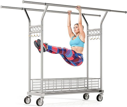 Heavy Duty Clothes Rack - Double Rod Clothing Racks for Hanging Clothes, Portable & Adjustable Garment Rack with Wheels, Rolling Clothes Rack Load 670LBS for Bedrooms, Laundry, Closet (Sliver)