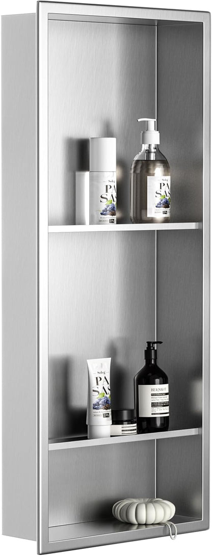 Stainless Steel Shower Niche 30" X 12" Brushed with 3-Tier Shelves No Tile Needed Niche Shower for Bathroom Storage Recessed Shower Shelf