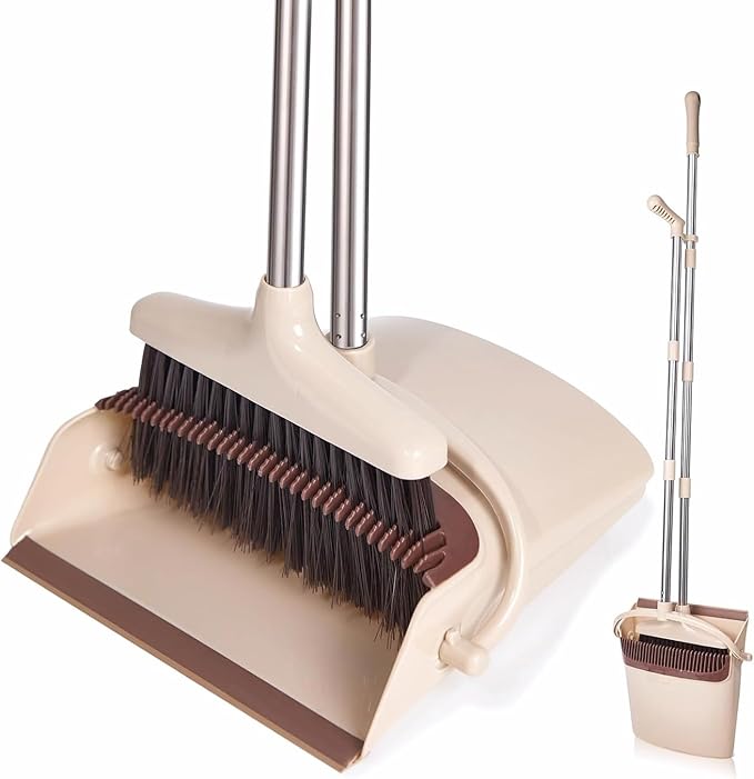 Broom and Dustpan Set with 57.4 Inch Adjustable Stainless Steel Handle, Upright Foldable Design, Beige and Brown, Heavy Duty with Built-in Teeth