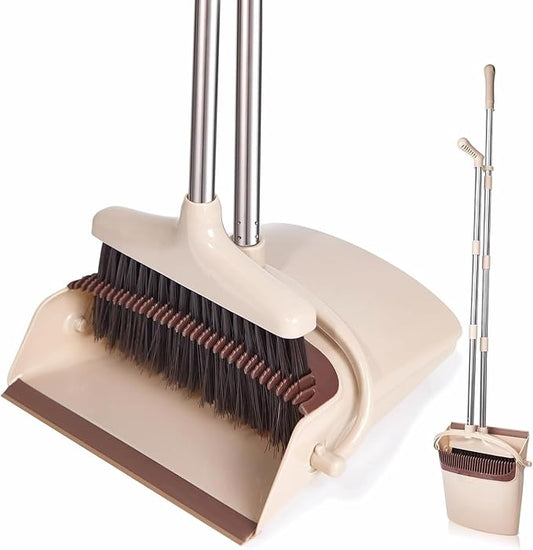 Broom and Dustpan Set with 57.4 Inch Adjustable Stainless Steel Handle, Upright Foldable Design, Beige and Brown, Heavy Duty with Built-in Teeth