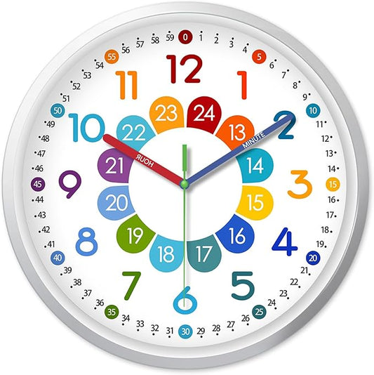 XFM Silent Kids Wall Clock 8 Inch Non Ticking Battery Operated Kids Teaching Clock Colorful Analog Learning Clock Decorative for Kids Room Classroom School