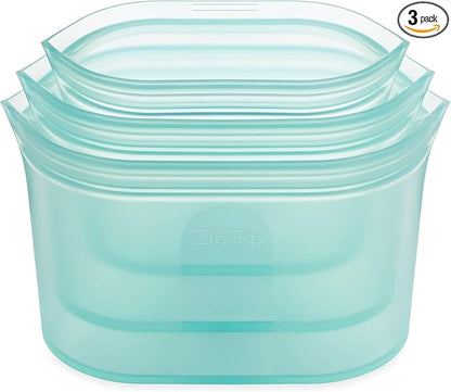 Zip Top Reusable Food Storage Bags | 3 Dish Set [Teal] | Silicone Meal Prep Container | Microwave, Dishwasher and Freezer Safe | Made in the USA