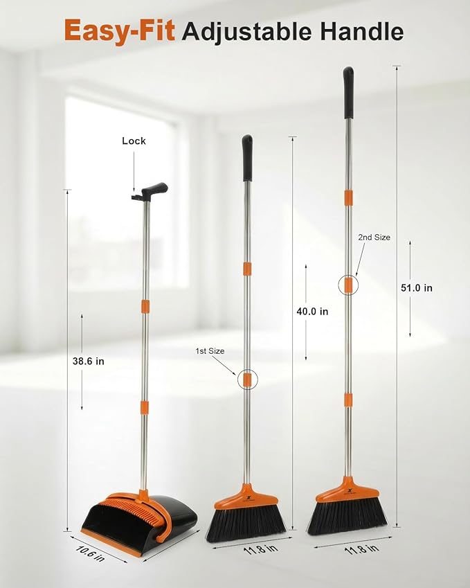 Broom and Dustpan Set Upright Standing Sweeper with Long Handle Folding Dust Pan with Built-in Teeth Comb Indoor & Outdoor Cleaning Compact Storage Broom Dustpan Combo Set