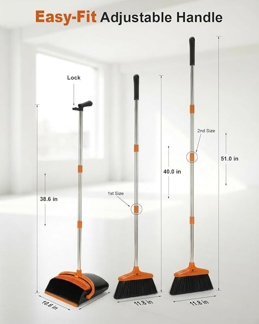 Broom and Dustpan Set Upright Standing Sweeper with Long Handle Folding Dust Pan with Built-in Teeth Comb Indoor & Outdoor Cleaning Compact Storage Broom Dustpan Combo Set
