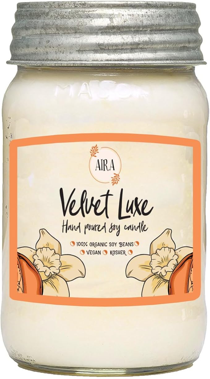 Aira Soy Candles - Organic, Kosher, Vegan, in Mason Jar w/Therapeutic Grade Essential Oil Blends - Hand-Poured 100% Soy Candle Wax - Paraffin Free, Burns 110+ Hours - Velvet Luxe -16 Ounces