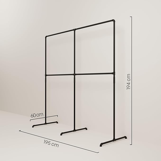 pamo Industrial Design garment rack - LAS 2 Black - freestanding Coat Rack for Walk-In Wardrobe Wall I Clothes Rack Made of Black Sturdy Pipes freestanding from Water Pipe