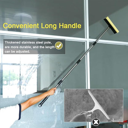 Long Handle Window Squeegee,2 in 1 Window Cleaning Car Squeegee,Windshield Squeegee with Cleaning Sponge and Rubber