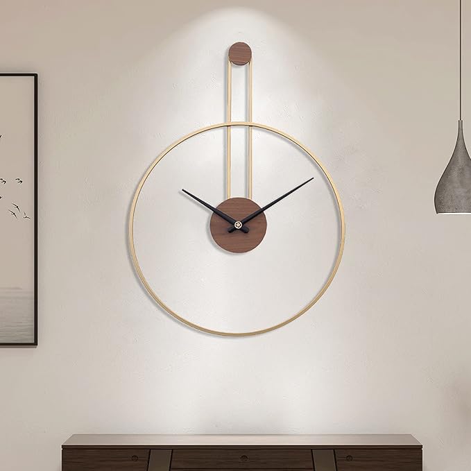 YISITEONE Large Decorative Wall Clock for Living Room,Metal & Walnut Dial Home Decor Silent Non Ticking Lightweight Clocks for Bedroom, Study, Office Decorations, 28.7''×21.6'',Gold