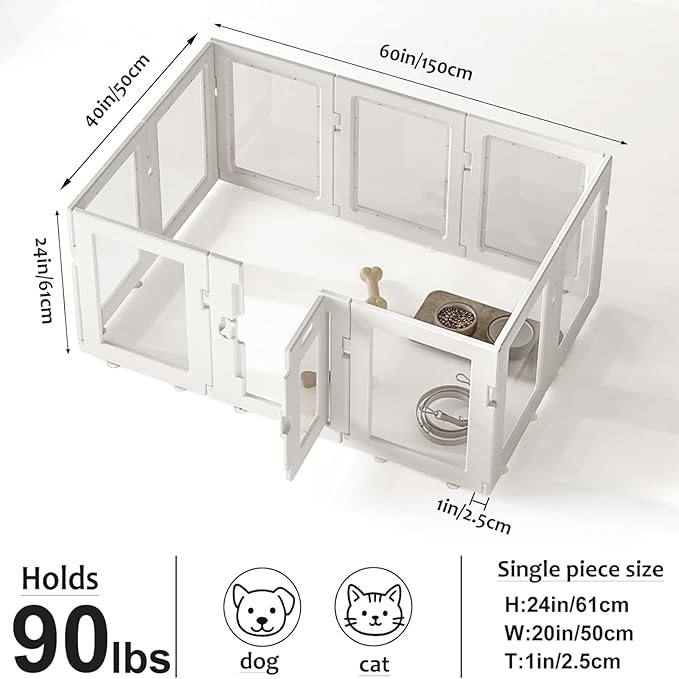 Clear Acrylic Dog Playpen Indoor, Puppy Cat Small Pet Play Pen, Easy Assemble & Disassemble Sturdy Plastic Dog Fence with Heavy Duty Door Lock (24In H, 10PCS), White