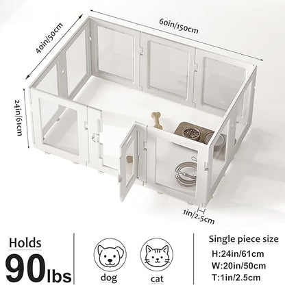 Clear Acrylic Dog Playpen Indoor, Puppy Cat Small Pet Play Pen, Easy Assemble & Disassemble Sturdy Plastic Dog Fence with Heavy Duty Door Lock (24In H, 10PCS), White
