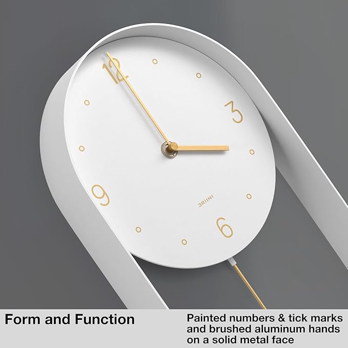 Driini Modern Pendulum Wall Clock - Decorative and Unique Metal Frame, with 8 Inch Face - Contemporary, Minimalist Design, with Silent Non Ticking Operation - Includes Both White and Gold Pendelum