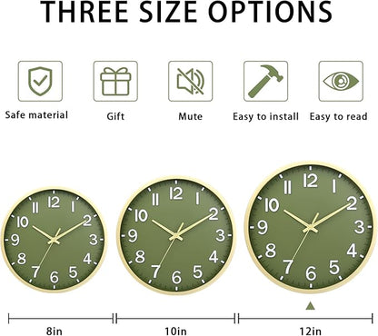 Wall Clocks Battery Operated 12 inch Modern Wall Clock,Silent Non Ticking Wall Clock for Living Room Bedroom Kitchen Office Classroom Decor (Green Gold)