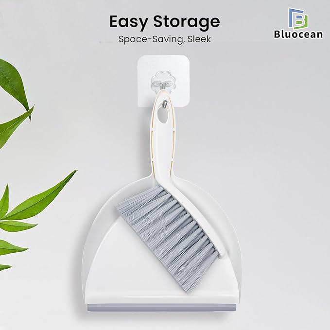 Mini Broom and Dustpan, Plus an Adhesive Hook Set, 7" Dustpan Opening, Bristles for Hair and Small Debris, Mini Portable Hand Brush for Pet, Sofa, Desk, Kitchen(White & Puff Gray)