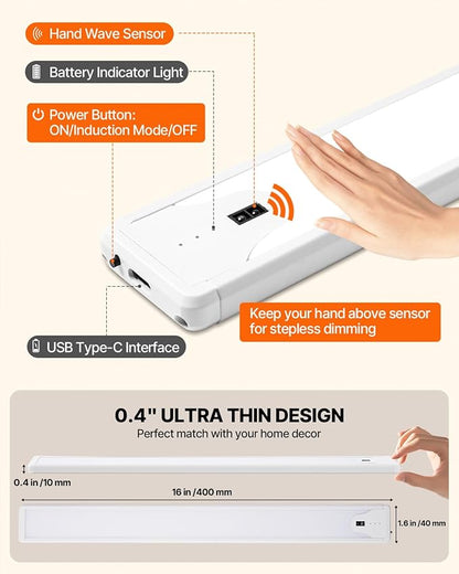 16 Inch Under Cabinet Light, Hand Wave Sensor 83 LED Indoor Cabinet Lighting, USB Rechargeable Cordless Closet Light, Stepless Dimming Under Counter Light for Kitchen, Shelves, Bedroom, 2 Pack