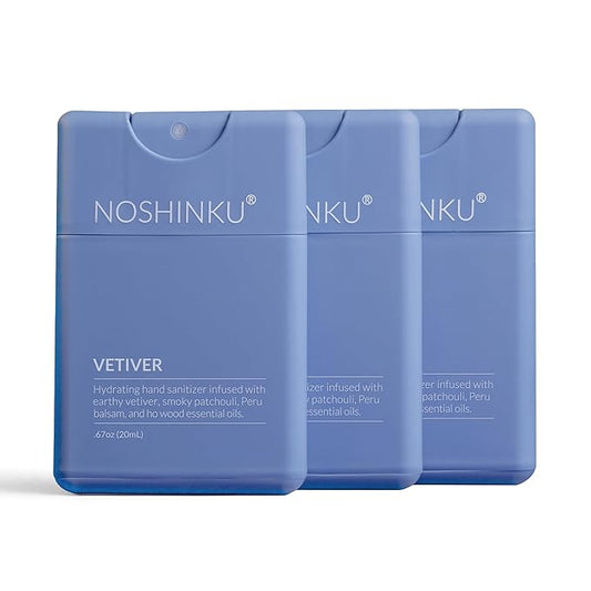 Noshinku - Refillable Hand Sanitizer Vetiver 3-Pack, Travel Size Spray with Hydrating Botanical Oils, Natural Ingredients, All Natural Fragrances, Sugarcane Derived Alcohol, No Parabens, No Dyes