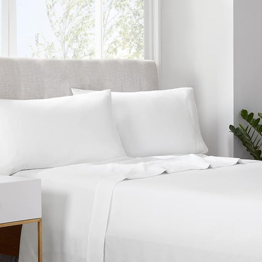 Serta Simply Clean Super Soft Hypoallergenic Stain Resistant Deep Pocket 4 Pieces Solid Bed Sheet Set, Full, White