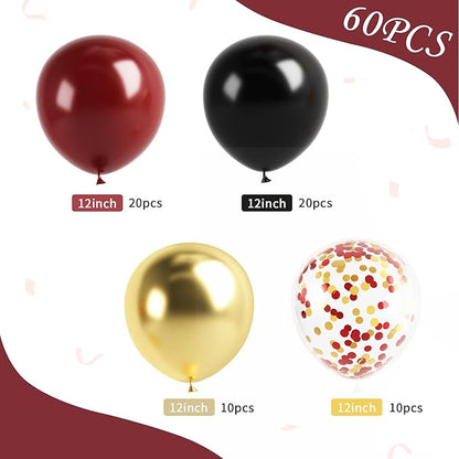 Black Burgundy Gold Balloon, 60 Pcs 12 Inches Burgundy Metallic Gold Confetti Balloons for Kids Magical Wizard Party Birthday Decorations Baby Shower Engagement Party Supplies