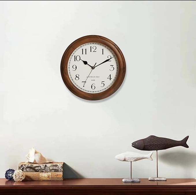 Wooden Wall Clock with Retro Design, 11 Inches Round Wall Clocks Battery Operated Silent Non-Ticking, Big Arabic Numerals, for Kitchen Living Room Classroom Gym and Pool, Brown