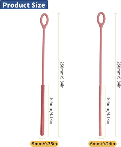 Silicone Straw Cleaner Brush, 2Pcs Reusable Straw Brush Extra Long for Cleaning Tumbler with Handle and Glass Metal Smoothie Straws, Non-slip Handle Soft and Bendable, 6mm+9mm (Pink)