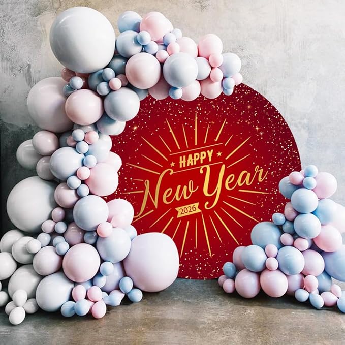 Leowefowa Happy New Year Round Backdrop Cover Red 2026 New Year Circle Background Red and Gold Sequins Glitter Dot New Years Eve Celebration Festival Party Banner Decor Photo Studio Props 7.2x7.2ft