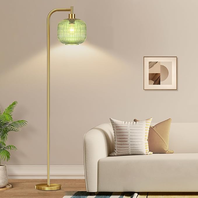 Glass Floor Lamp for Living Room,Bedroom,Dimmable Standing Lamp with Remote,Gold Brass Tall Lamp Mid Century Modern Floor Lamps Green LampShade Boho Vintage Retro Farmhouse Floor Light Bohemian