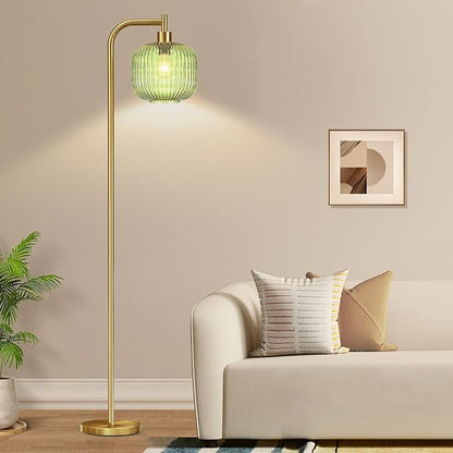 Glass Floor Lamp for Living Room,Bedroom,Dimmable Standing Lamp with Remote,Gold Brass Tall Lamp Mid Century Modern Floor Lamps Green LampShade Boho Vintage Retro Farmhouse Floor Light Bohemian