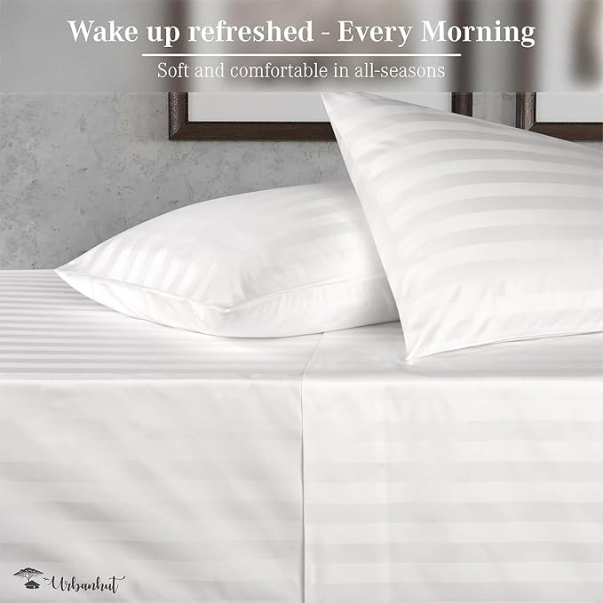 URBANHUT 800 Thread Count Egyptian Cotton California King Damask Striped Sheets Set (4 Pc) - Ultra Soft & Smooth, Thick & Crisp Sateen Weave Calking Striped Bedsheets, Fits Upto 16" Mattress - White
