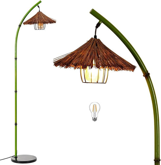 beaysyty Bamboo Floor lamp Mid Century Rattan Retro Floor lamp Bohemian,Arc Floor Lamps for Living Room Tall Reading Lamps Antique Rattan Style for Bedroom Dining Room Farmhouse Study (Green)