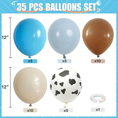 Cow Print Balloons, 12Inch Light Blue Brown Sand White and Cow Balloons for Boys Baby Shower Farm Western Cowboy Rodeo Birthday Party Decorations
