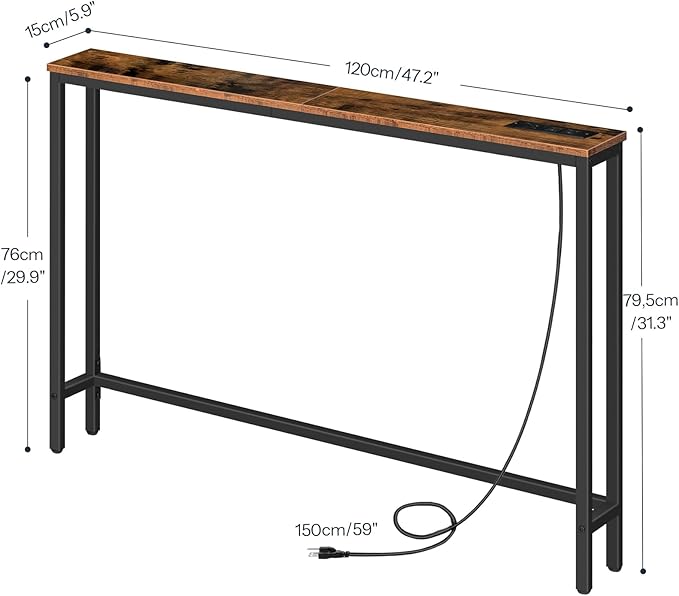 HOOBRO 47.2" Narrow Console Table with Power Outlet, 5.9" Behind Couch Table with Charging Station, Long Sofa Side Table, Skinny Entryway Table for Living Room, Hallway, Foyer, Rustic Brown BF15XG01G1